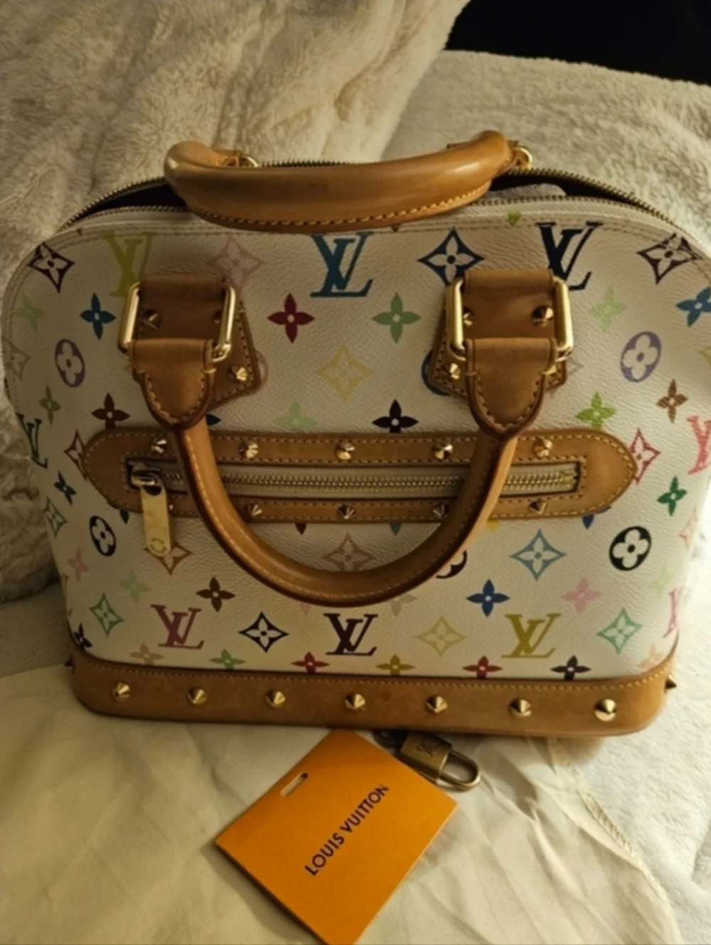 Authentic Louis Vuitton White Multicolor Monogram Alma PM Satchel W/Lock & Key